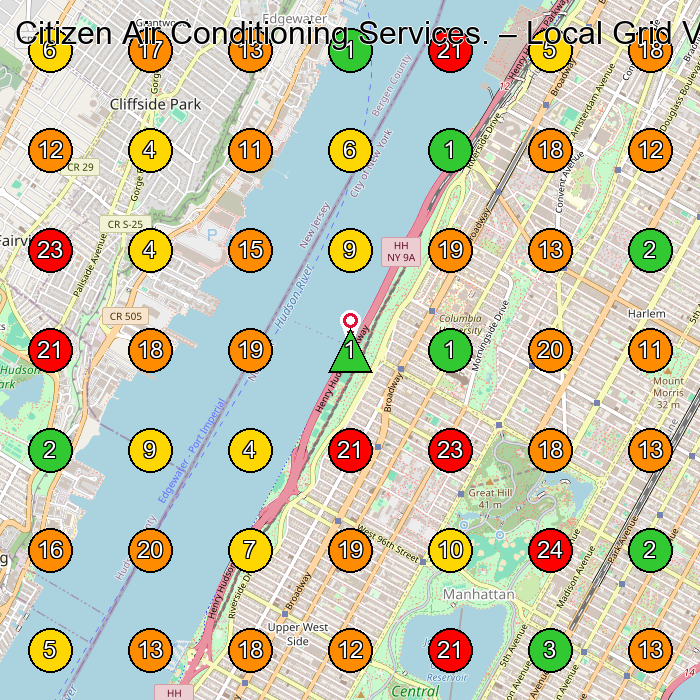 Citizen Air Conditioning Services. Hvac Contractor GeoGrid ranking map for New York NY
